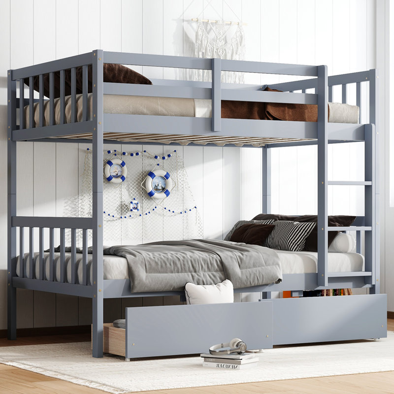 Rubber Wood Bunk Bed with Drawers, Ladder, and Guardrails, Gray, Twin XL