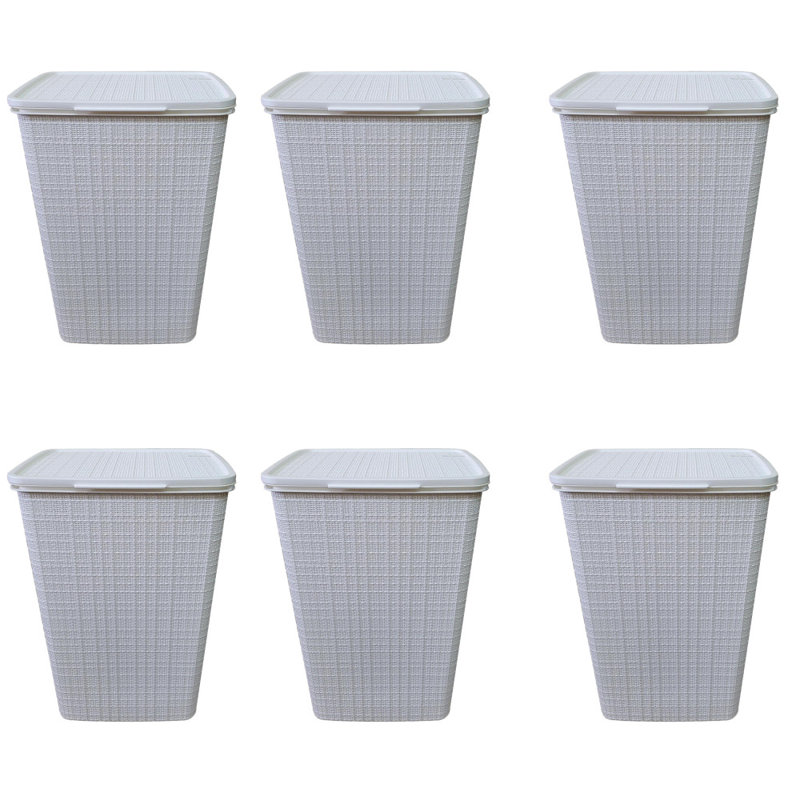 YBM Home Plastic Rattan Laundry Hamper Basket With Hinged Lid, Ventilation Holes, Durable, Lightweight Bin With Cutout Handles, Storage Dirty Clothes, Space Saver, 6-Pack