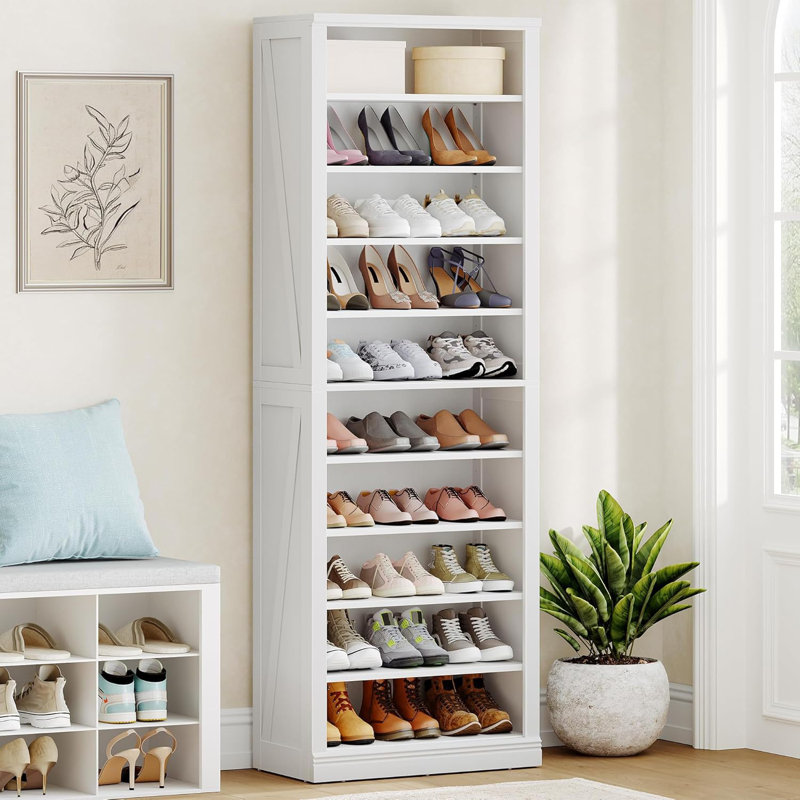 Shoe Storage Cabinet, 10 Tiers Freestanding Shoe Cabinets, Wooden Shoes Rack with Cubby, 27-30 Pairs, Farmhouse Tall Shoes Cubby Organizer for Entryway, Living Room, White