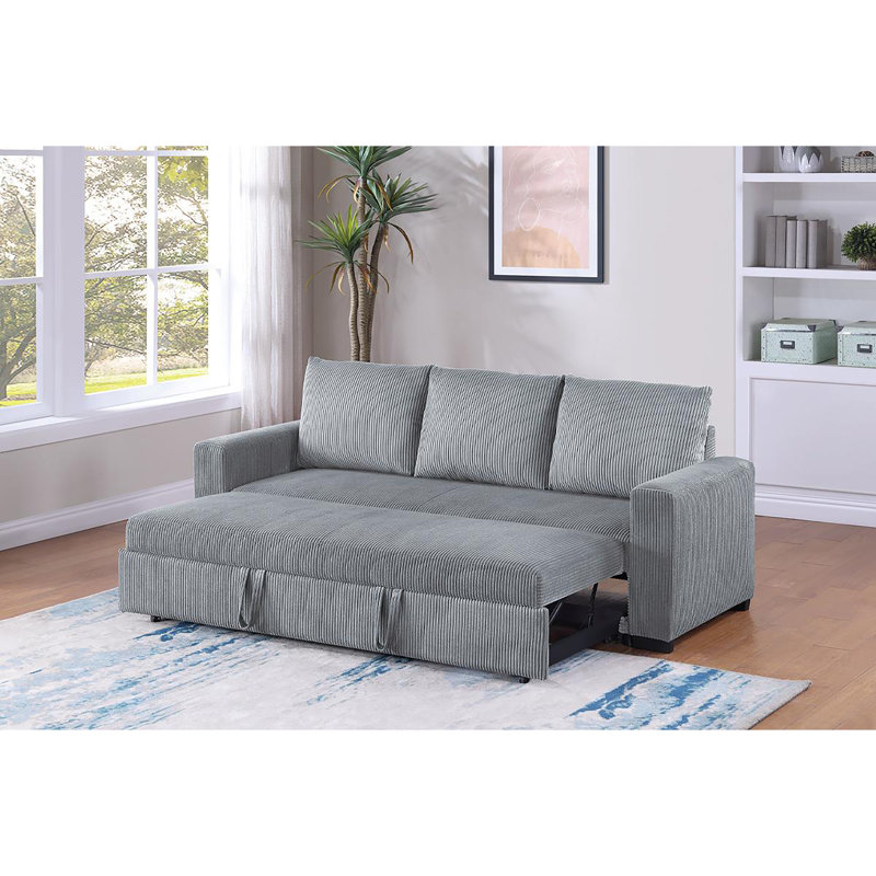 84.6'' W Square Arm Corduroy Sleeper Sofa, Gray