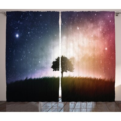 Space Single Tree in Field of Meadow Valley with Stars Universe Spiritual Display Print Graphic Print & Text Semi-Sheer Rod Pocket Curtain Panels -  Ambesonne, p_25213_108x84