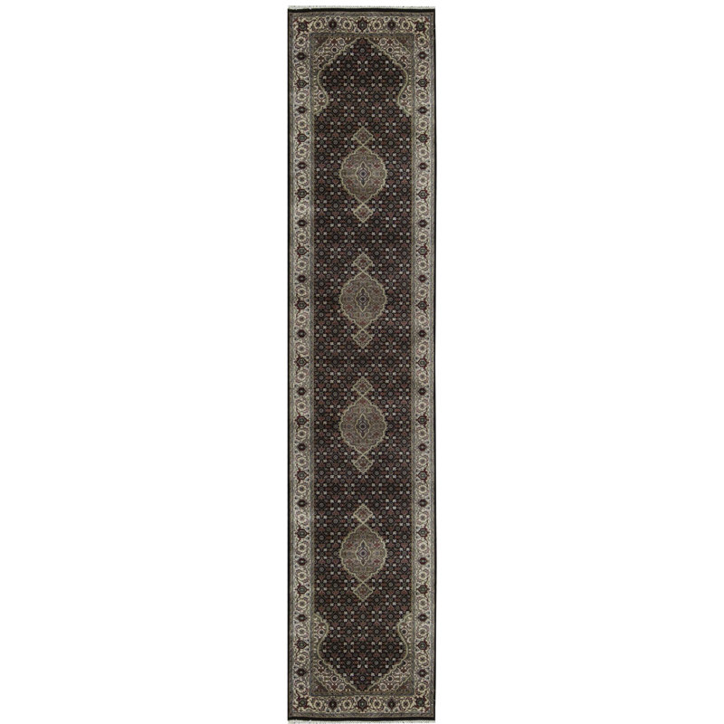 Hand-Knotted High-Quality Black and Cream Runner