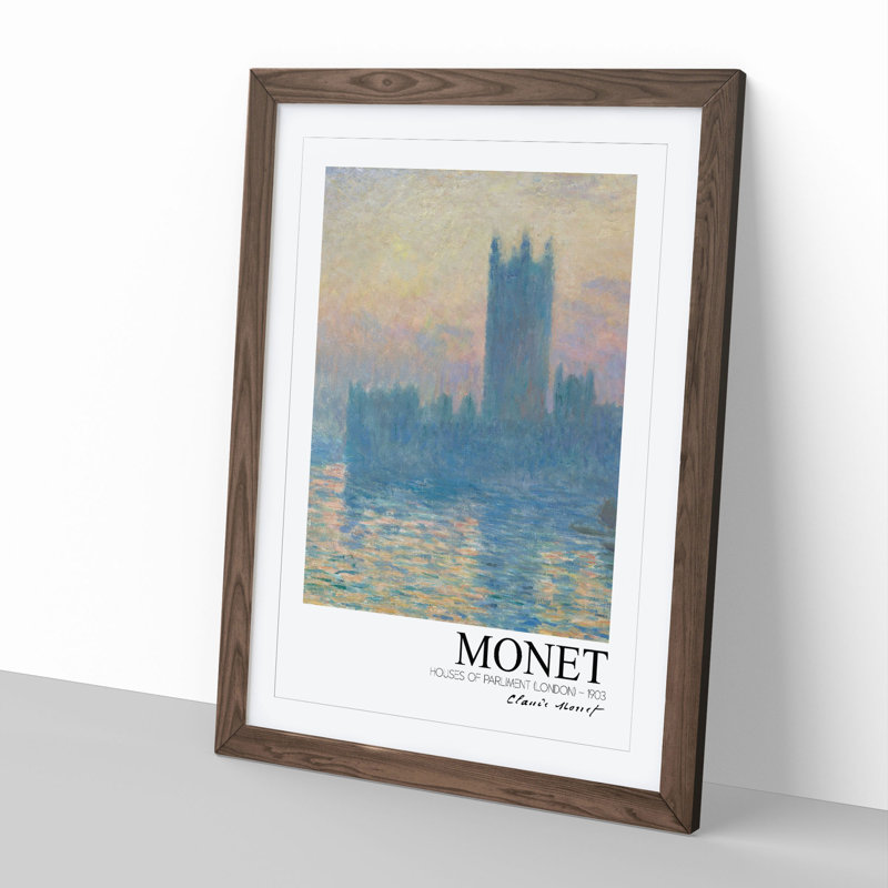 Houses of Parliament with Border by Claude Monet - Picture Frame Painting, Walnut Framed, 36cm H x 27cm W x 2cm D