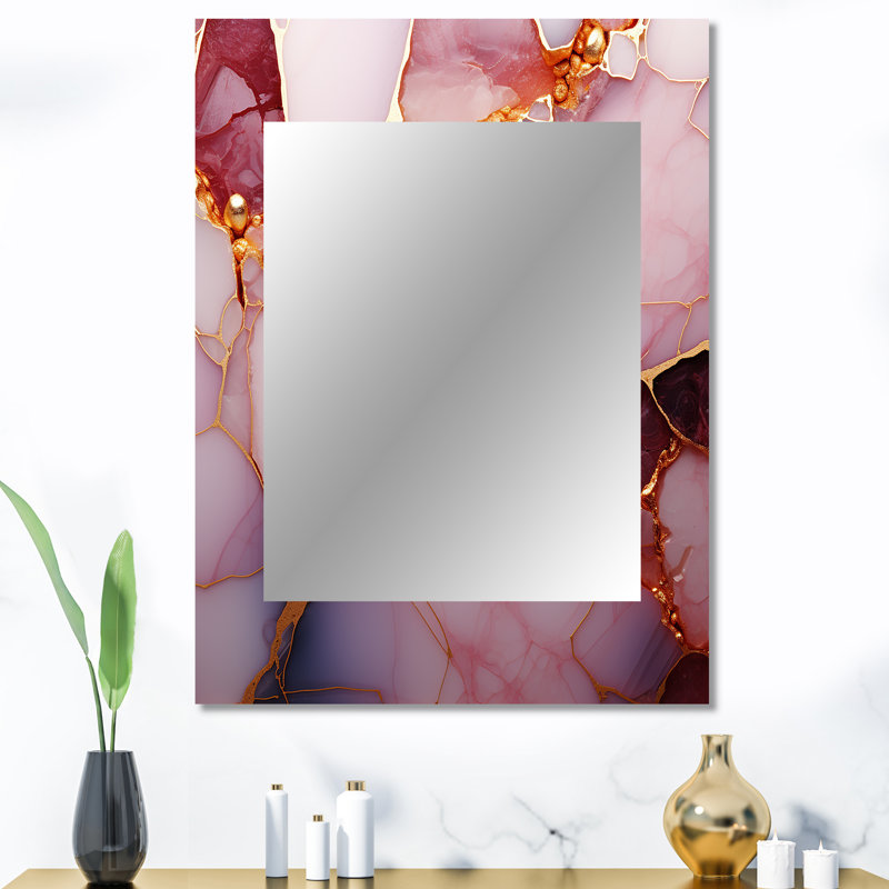 Or et marbre rose Essence II - miroir décoratif en marbre, miroir mural moderne, impression d'art en métal, 40 po x 30 po