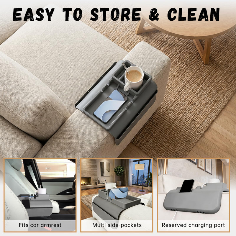 Plateau porte-gobelet pour canapé, plateau avec accoudoirs pour canapé avec poches latérales, rangement antidérapant pour organisateur d'accoudoirs pour tablette de téléphone portable ou télécommandes, 2 PCS (gris)