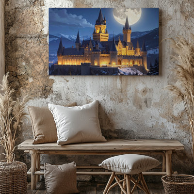 Toile, art mural, château éclairé par la lune, fortification sous la pleine lune