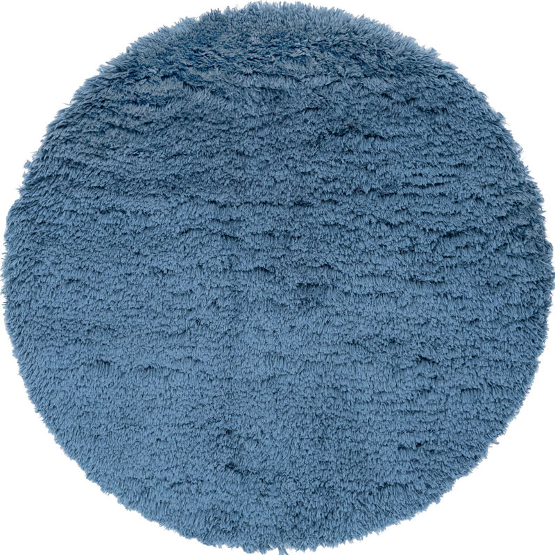 Tapis à poils longs en polyester de couleur unie bleu tissé à la machine Almodovar, Rond 4 pi