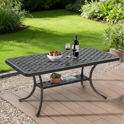  Outdoor Cast Aluminum Coffee Table, 42" Rectangle Patio Coffee Table With 2-tier Storage Shelf, All-weather Heavy Duty Patio Side Table For Outside Poolside Deck Garden & Indoor, Dark Bronze