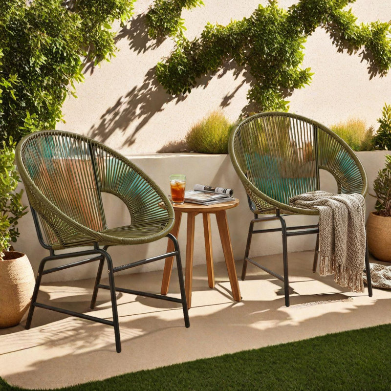 Fauteuils d'extérieur en osier avec cadre en fer, ensemble de 2, Vert