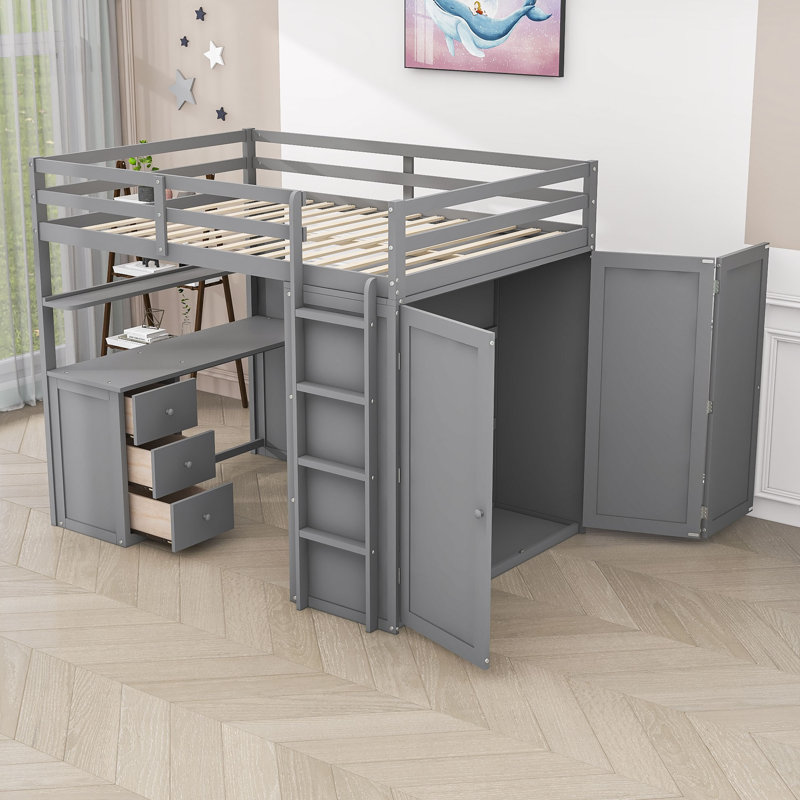 Lit mezzanine avec tiroirs Heathyr Kids, Gris, Lit double