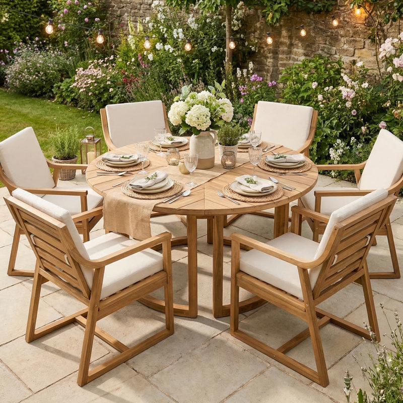 Patio Dining Table Set for 6, Round Dining Table with Umbrella Hole, Outdoor Wooden Patio Furniture Set with Removable Cushions for Garden