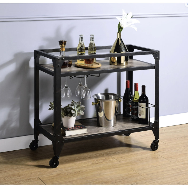 Rustic Oak & Charcoal Serving Stand - Spacious Wooden Top, Wine Bottle And Stemware Storage Facilities Charcoal Cart With Appeal Generous Space For Servingware Drinks
