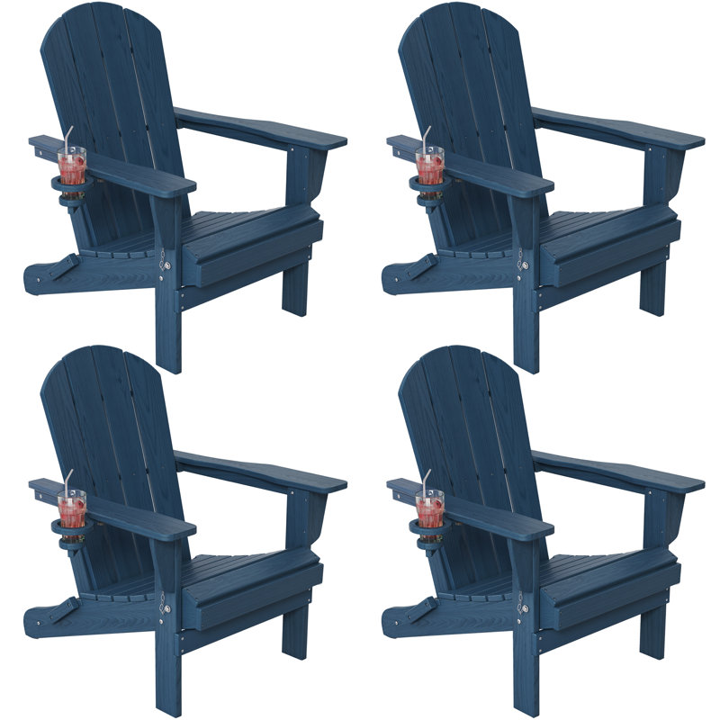 Outdoor Folding Adirondack Chair Set of 4 for Patio Fire Pit, Textured HDPE Adjustable Chairs with Cup Holder, Waterproof All Weather Resistant for Pool Lawn Garden Backyard(NavyBlue)