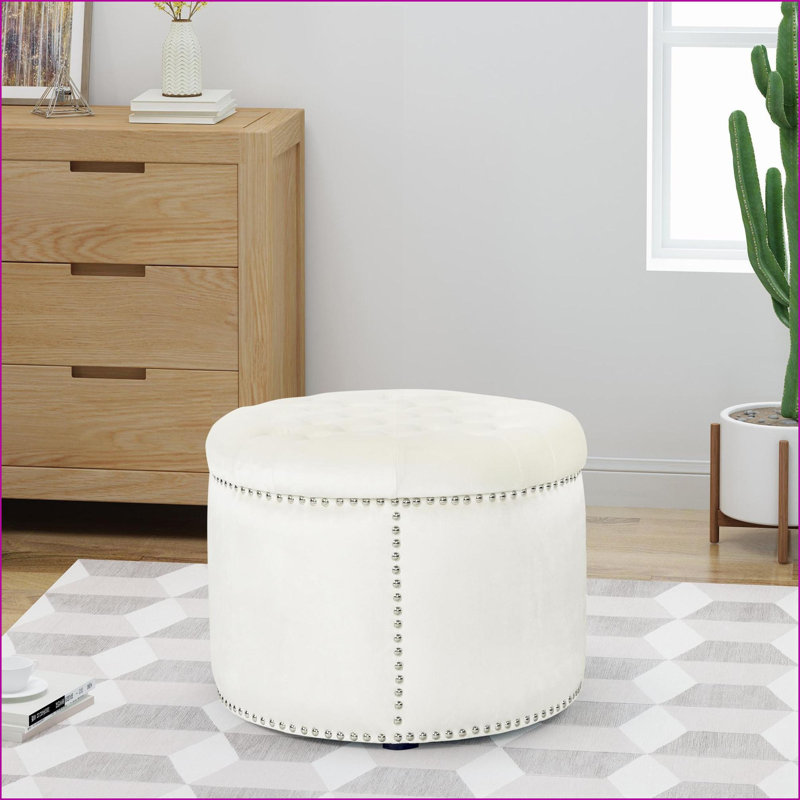 Ottoman Round Emerald Velvet Footstool/Extra Seat, Sturdy Wooden Frame | Wood, Beige