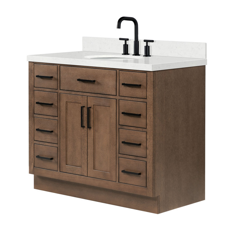 Thornaby 42'' Solid Wood Single Bathroom Vanity with 1.5'' Carrara Quartz Top, Oval, Brown Oak / Matte Black