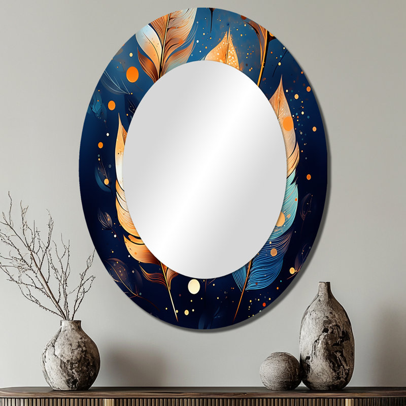 Miroir mural Boho Glam Gold Feathres On Cosmic Blue III - Bohemian, 40 po x 30 po