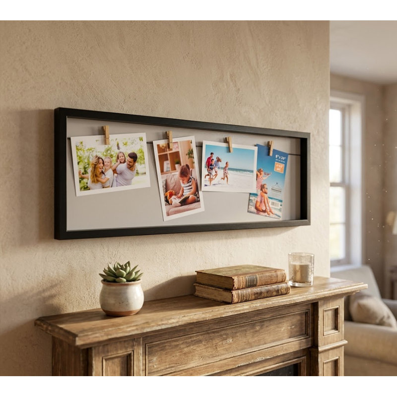 8" X 24" Picture Frame With String And Wooden Clips, Black