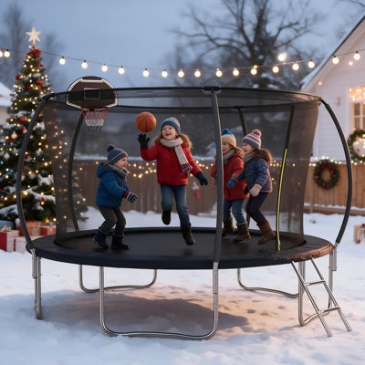 14FT ASTM Approved Recreational Trampoline for Kids & Adults, Outdoor Backyard Trampoline with Safety Enclosure Net & Basketball Hoop