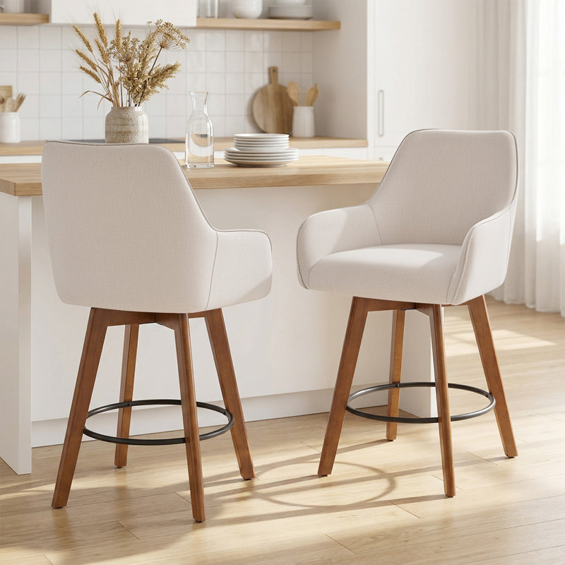 25" Swivel Upholstered Counter Stool with Solid Rubberwood Frame &  Full Back Arms, Off White