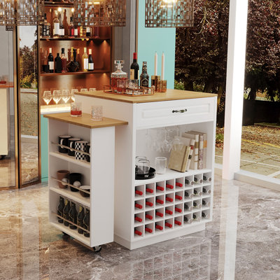 Multi-Functional Wine Cabinet & Kitchen Island With Extendable Dining Table, Ample Storage, And Rolling Wheels