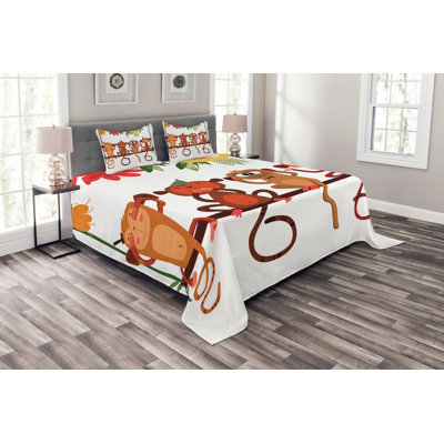 Cartoon Style Illustration with Animals Sitting on a Branch on Flowers Background Bedspread Set