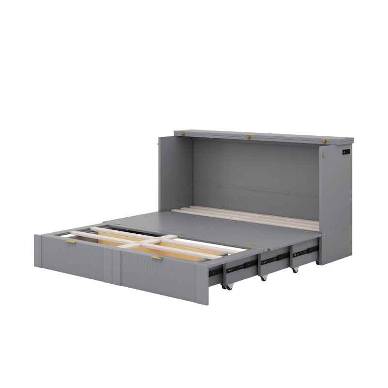 Grand lit escamotable avec tiroir et un ensemble de prises et de ports USB, gris