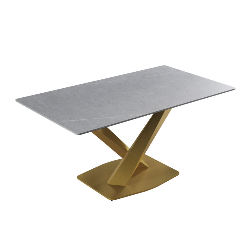 Sintered Stone Dining Table, 29.53” H x 63" W x 35.4" D, Gold, Gray