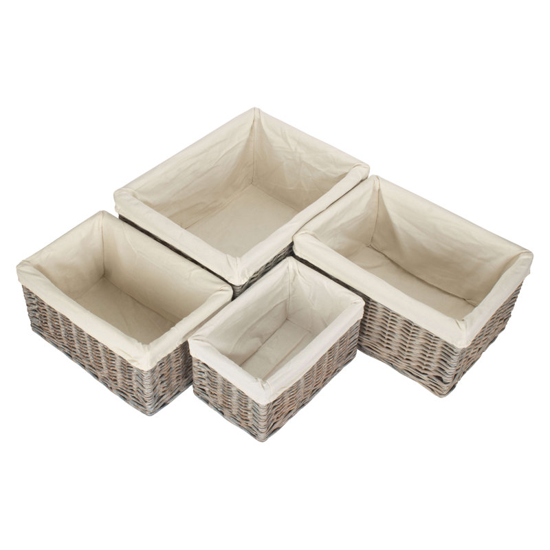 4 Piece Wicker Willow Storage Basket Set with Lining, Grey Wash/White Lining