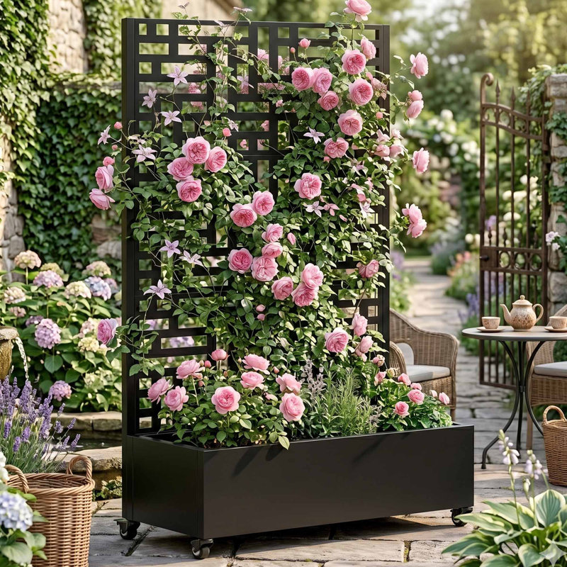 Lit de jardin surélevé en métal avec treillis tissé, boîte à fleurs roulante avec écran d'intimité et trous de drainage