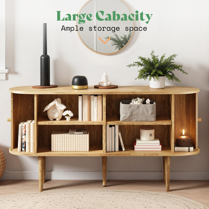 Baheerah 55" Mid Century Modern Sideboard With Tambour Door & Solid Wood Legs, Natural, Natural