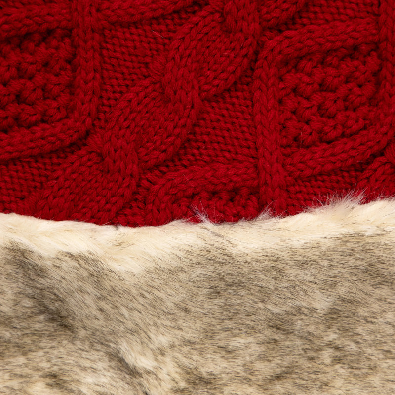 Red Cable Knit Christmas Tree Skirt with Faux Fur Trim - 48 Inch