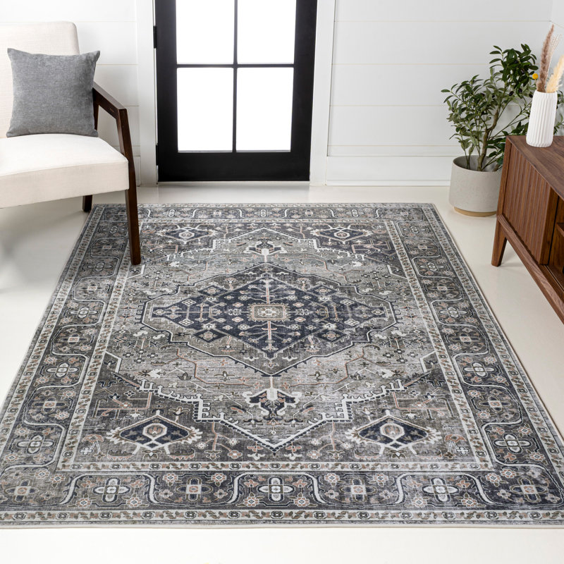 Alacati Ogee Medallion Machine-Washable Dark Gray/Light Gray Rug, Rectangle 7'10" x 10'