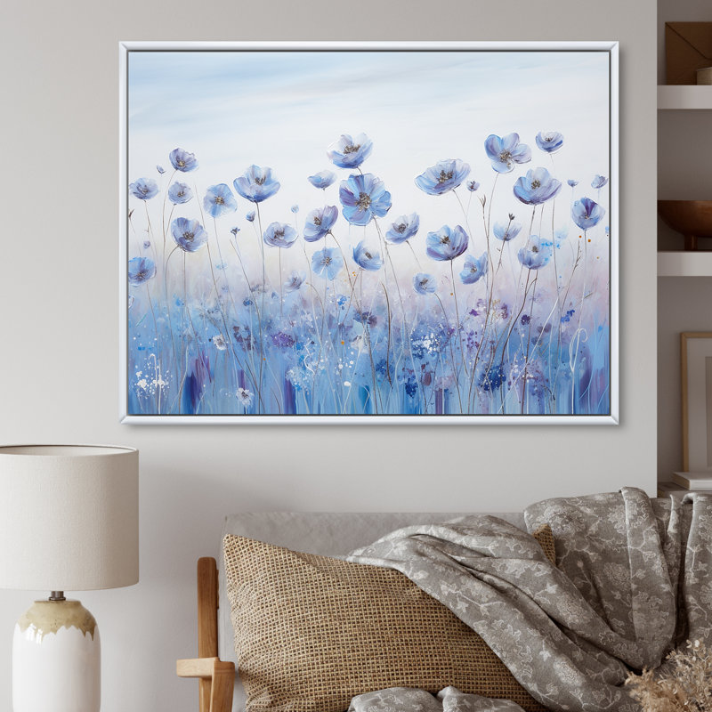 «Divine Cornflowers Blooming Field IV», reproduction sur toile, Cadre flottant blanc, H 12 po x l 20 po x P 0,5 po