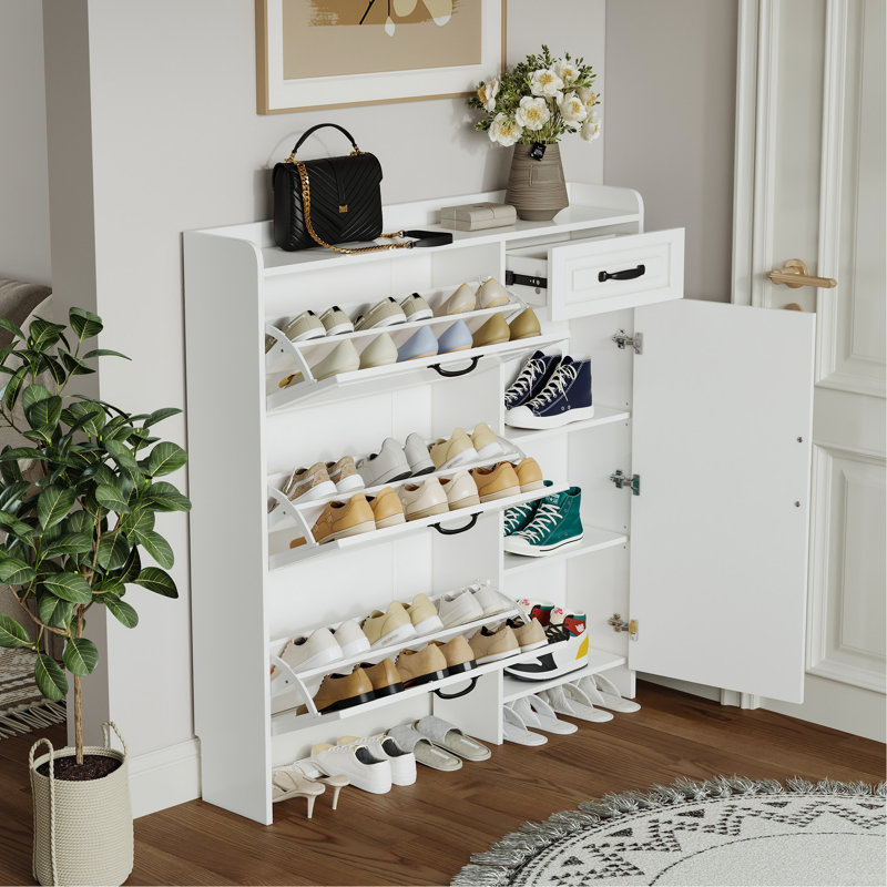 Armoire à chaussures blanche à 4 portes et 1 tiroir - Un casier pratique avec solution de rangement