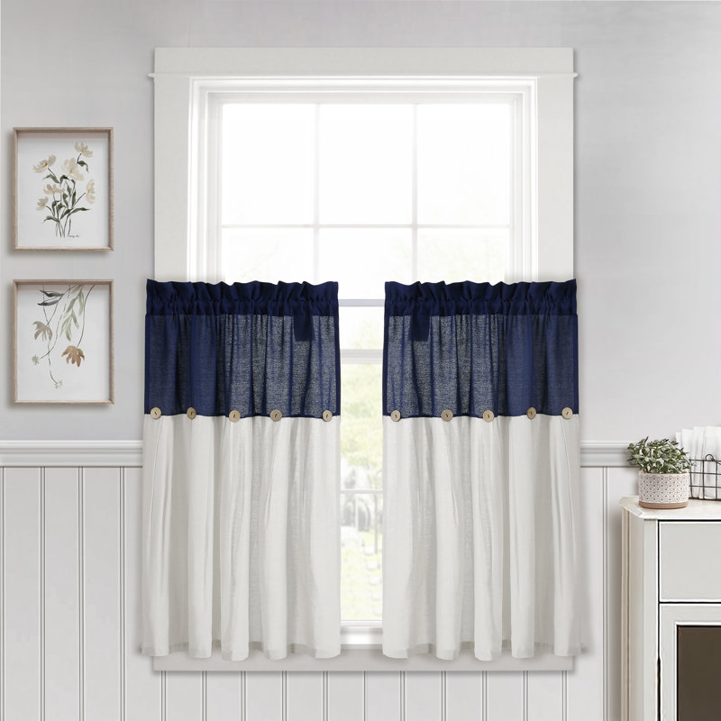 Blue and White Linen Button Kitchen Tier Curtains, 29" x 36"