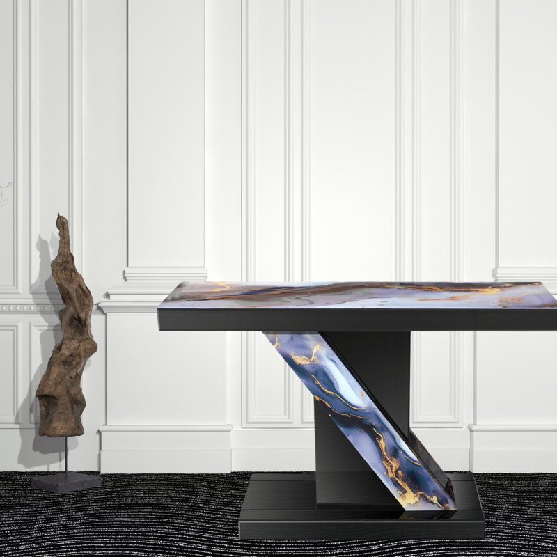 Console à miroir 48 po en noir avec verre imprimé marbre