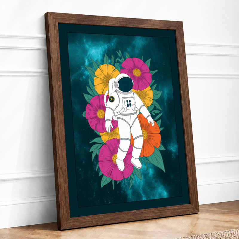 Astronaut Among Flowers Modern - Framed Print, A1 - 84.1 x 59.4 cm, Walnut