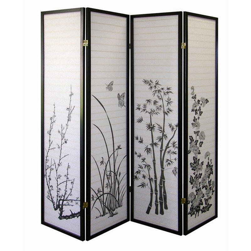 Cloison 70 pouces à 4 panneaux de hauteur / motif floral avec finition noire