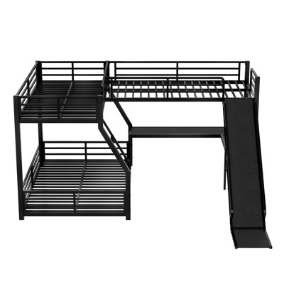 Lit superposé simple au-dessus de double en L double avec lit mezzanine simple, structure en métal avec glissière, ports USB, conception compacte et silencieuse, noir