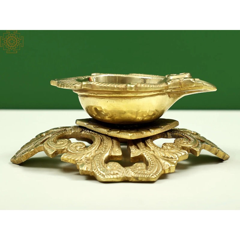 4" Small Brass Decorative Diya Oil Lamp - Hoysala Vine Stand Handmade Ritual Light for Puja Altar Decor