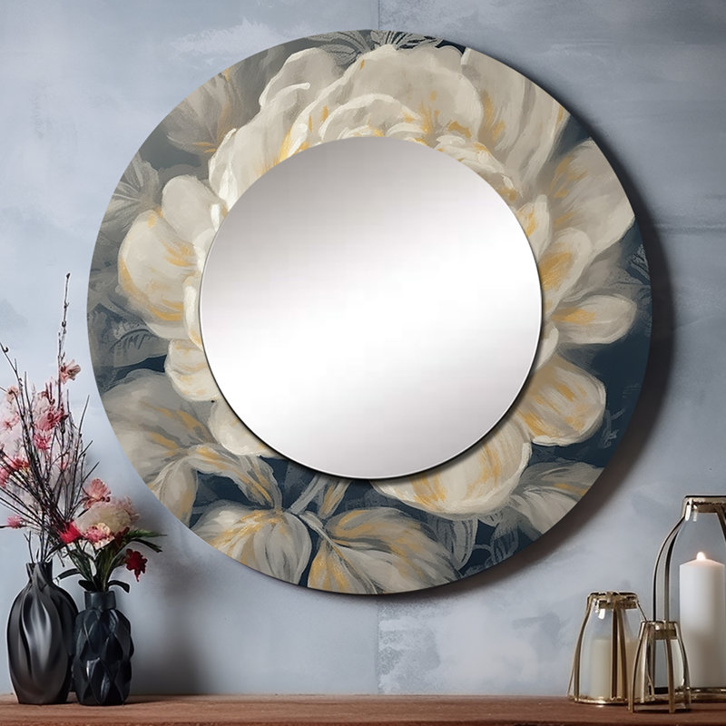 Omiros Emotions Of White Gold Peony Flower III - Peonies Mirror, Modern Round Unique Wall Mirror, Printed Metal Art