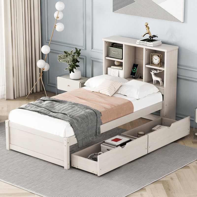 Cadre de lit simple avec 2 tiroirs de rangement hypnotisants, taille blanchie avec tête de lit bibliothèque et blanc délavé