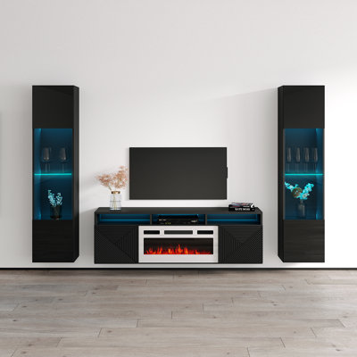 Meuble audio-vidéo moderne 94,6 po avec foyer électrique Brezhane