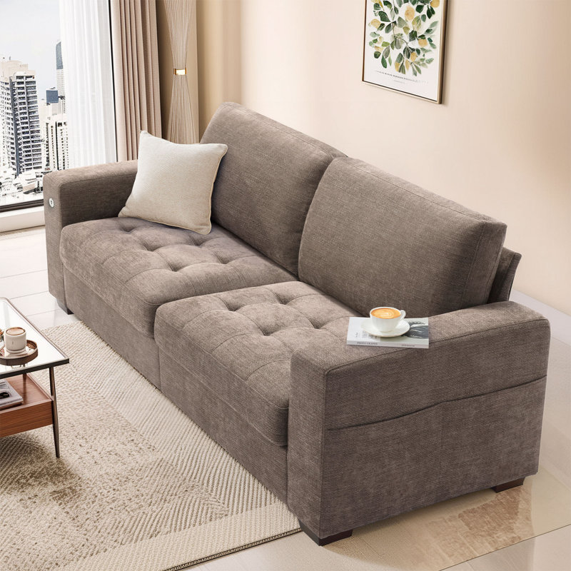 Canapé rembourré en chenille 89 po Yakina avec poches de rangement et port de charge USB Yakina, Brun