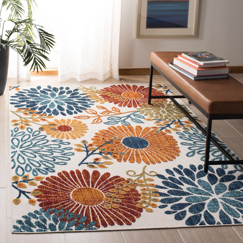 Tapis d'intérieur / extérieur floral Kellems Performance, Rectangulaire 3 pi x 5 pi, Blue/Orange/Cream