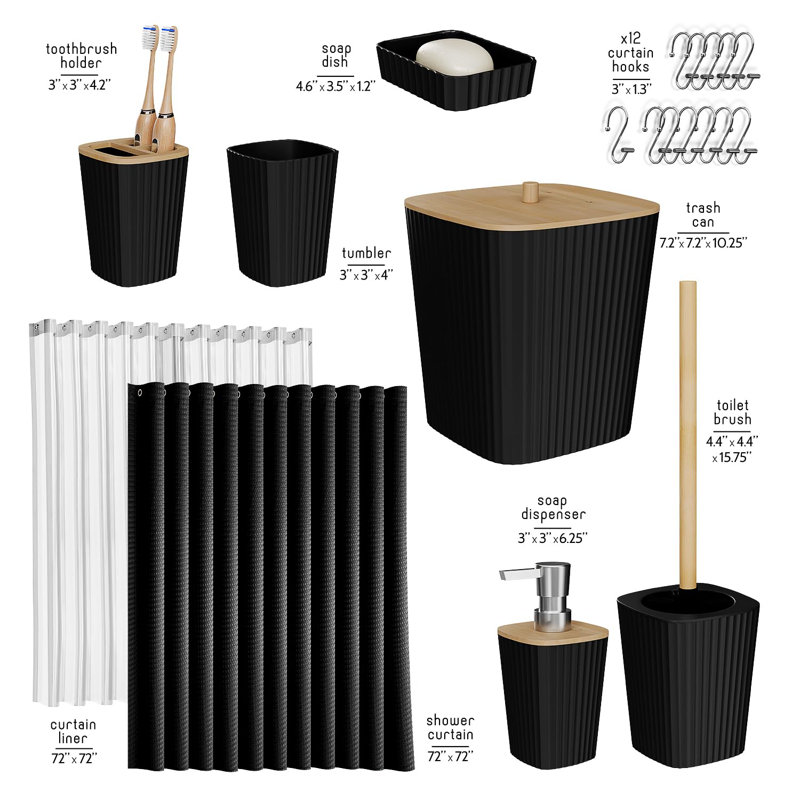 Ensemble d'accessoires de salle de bain - Ensemble de salle de bain, ensemble d'accessoires de salle de bain, ensemble de rideau de douche, brosse de toilette, poubelle et distributeur de savon - noir - 20 pièces
