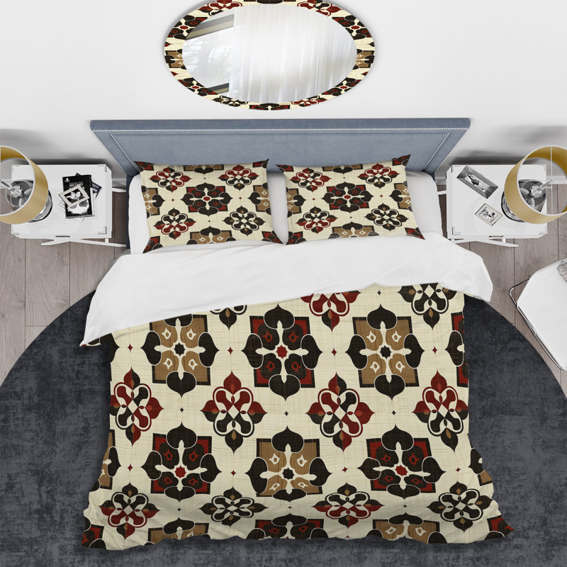 Ensemble de housse de couette transitionnelle brun beige et quadrilobe I, Housse de couette pour grand lit et 2 taies décor