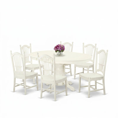 Ensemble de cuisine ovale 7 pièces en bois d'hévéa asiatique blanc lin, rallonge papillon et 6 chaises