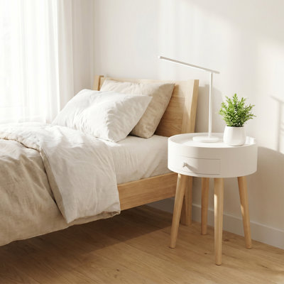 Table de chevet ronde blanche moderne avec tiroir, table de chevet 18 po avec pieds en chêne pour chambre à coucher et petite chambre à coucher, appartement et dortoir