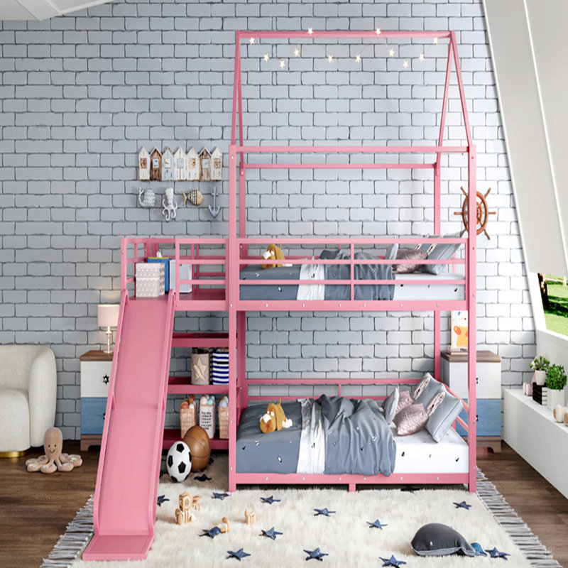 Lit superposé en métal avec escalier de rangement, glissade, rails de sécurité, Double